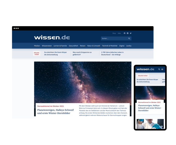 Desktop- und mobile Anzeige der Startseite von wissen.de im neuen Design